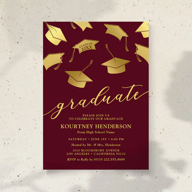 Burgundy Gold Graduation Party Invitations | Zazzle