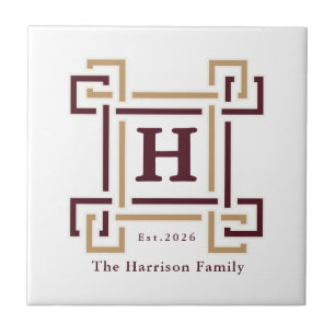 Burgundy Gold Greek Key Monogram Family Crest Ceramic Tile