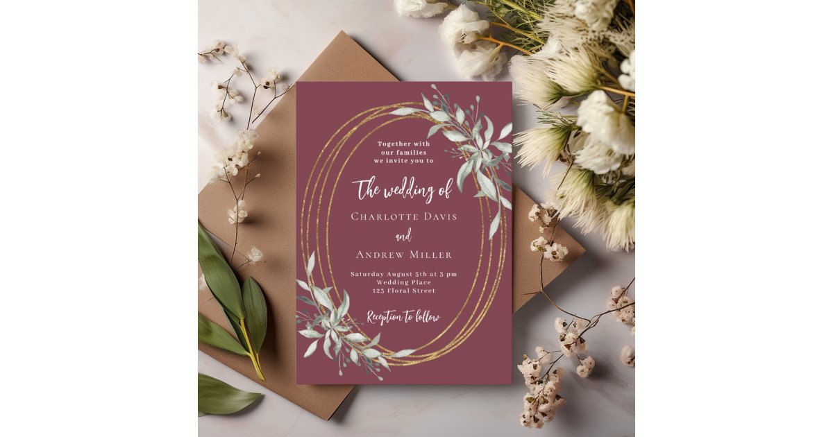 Burgundy gold greenery wedding invitation | Zazzle