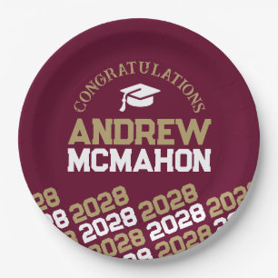 Burgundy & Gold Half Repeat Grad Personalized Paper Plates