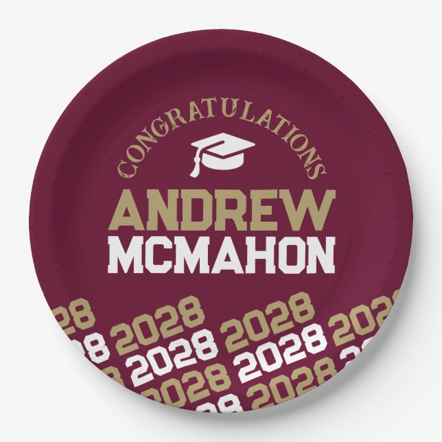 Burgundy & Gold Half Repeat Grad Personalized Paper Plates (Front)