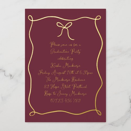 Burgundy  Gold Hand Drawn Bow Graduation Party Foil Invitation