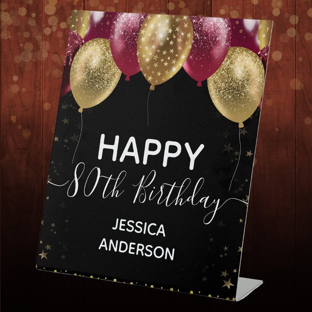 Burgundy Gold Happy 80th Birthday Pedestal Sign (Creator Uploaded)