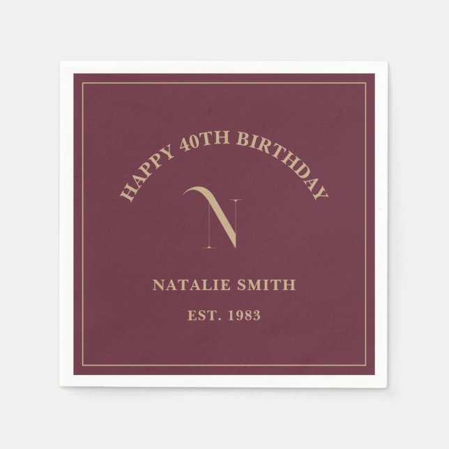 Burgundy Gold Happy Birthday Monogram Initial Napkins (Front)