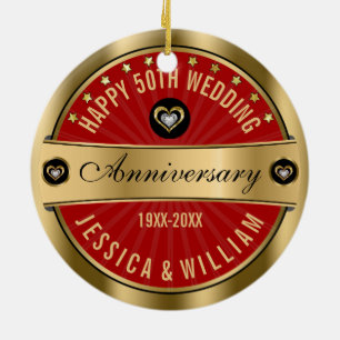 Burgundy & Gold Hearts 50th Wedding Anniversary Ceramic Ornament