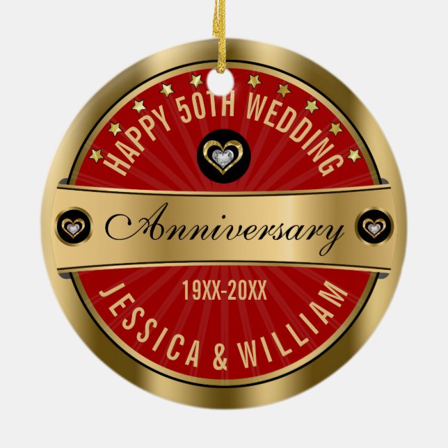 Burgundy & Gold Hearts 50th Wedding Anniversary Ceramic Ornament (Back)