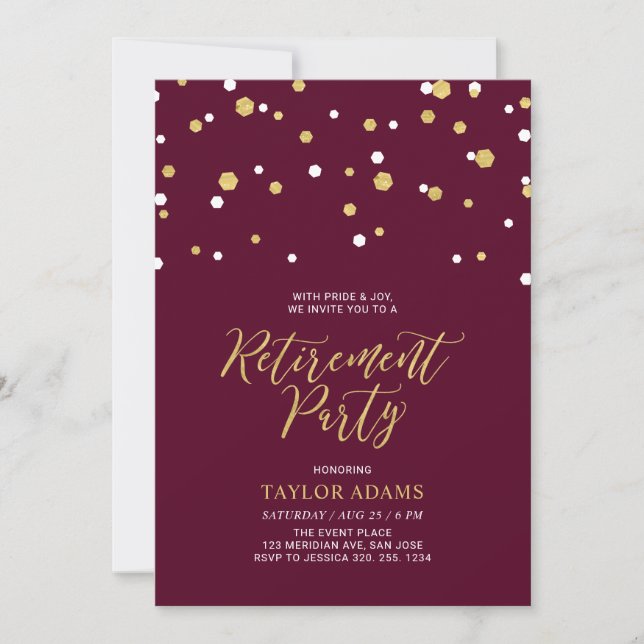 Burgundy & Gold Hexagon Confetti Retirement Party Invitation (Front)