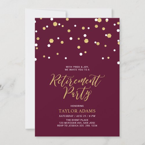 Burgundy  Gold Hexagon Confetti Retirement Party Invitation