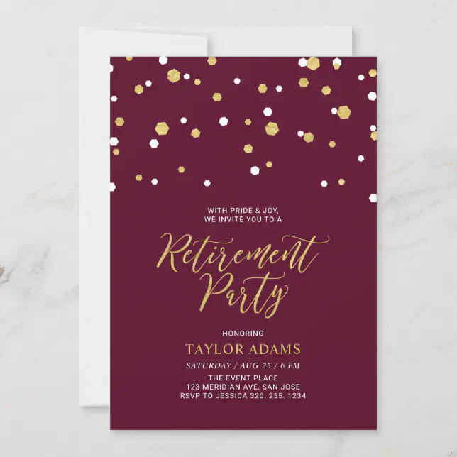 Burgundy & Gold Hexagon Confetti Retirement Party Invitation | Zazzle