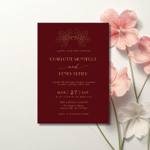 Burgundy & Gold Holly Tree Leaves Luxury Wedding Invitation