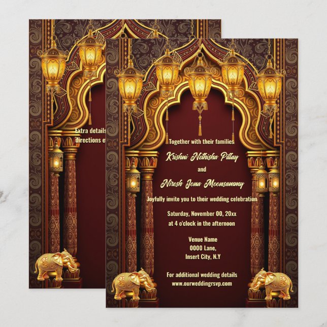  Burgundy gold Indian elephants Hindi temple arch Invitation (Front/Back)