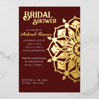 Burgundy Gold Indian Henna Mandala Bridal Shower Foil Invitation