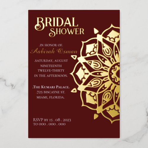Burgundy Gold Indian Henna Mandala Bridal Shower  Foil Invitation