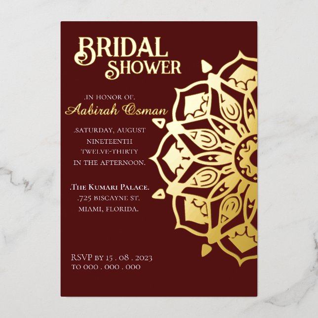 Burgundy Gold Indian Henna Mandala Bridal Shower  Foil Invitation (Front)