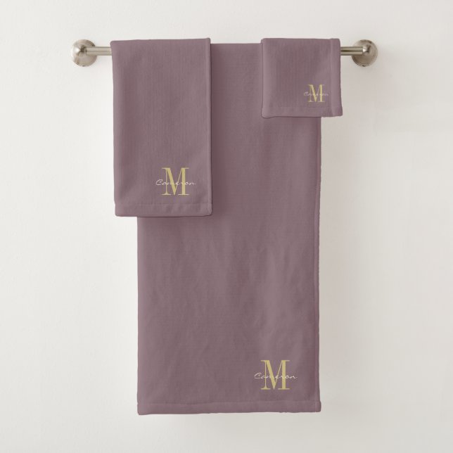  Burgundy Gold Initial and Name Personalized Bath Towel Set (Insitu)