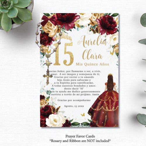 Burgundy Gold Ivory Floral Quincea&#241;era Prayer Card