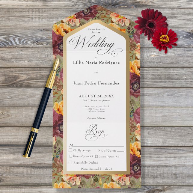 Burgundy & Gold Jewel Floral Green Dinner All In One Invitation (Creator Uploaded)