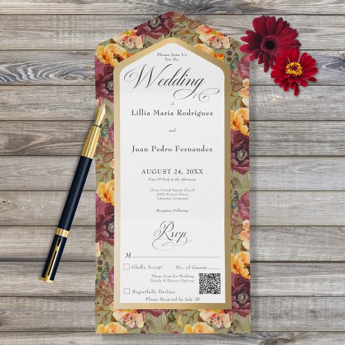 Burgundy  Gold Jewel Floral Green QR Code All In One Invitation