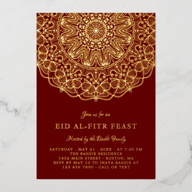 Burgundy & Gold Lace Elegant Eid Feast Foil Invitation (Front)