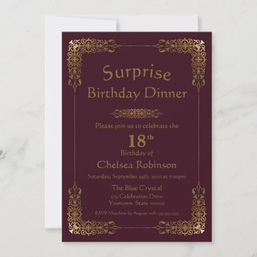 Burgundy Gold Lace Surprise 18th Birthday Dinner Invitation