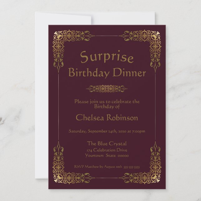 Burgundy Gold Lace Surprise Birthday Dinner Invite (Front)