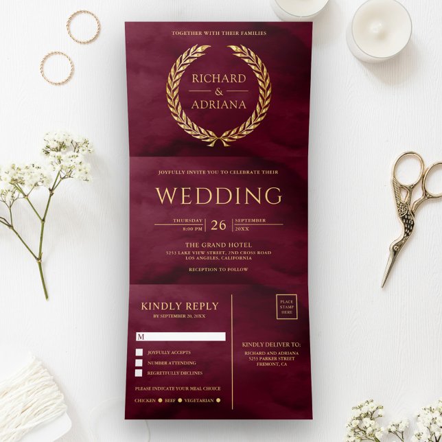 Burgundy Gold Laurel Minimal All in One Wedding Tri-Fold Invitation (Creator Uploaded)