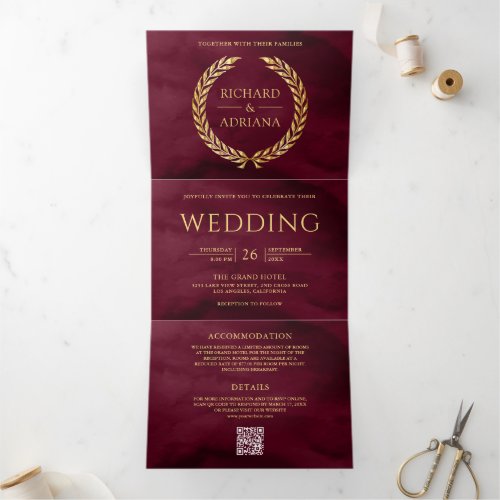 Burgundy Gold Laurel Minimal QR Code Wedding Tri-Fold Invitation