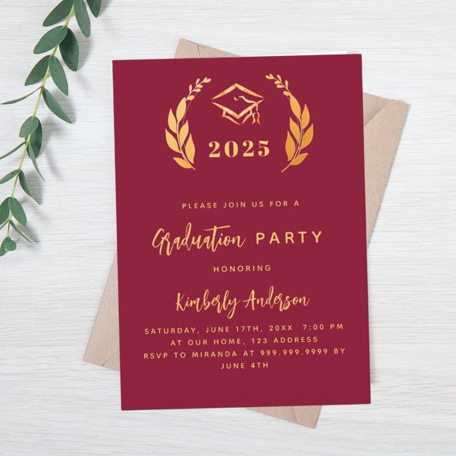 Burgundy gold laurel wreath 2026 Graduation Party Invitation (Creator Uploaded)