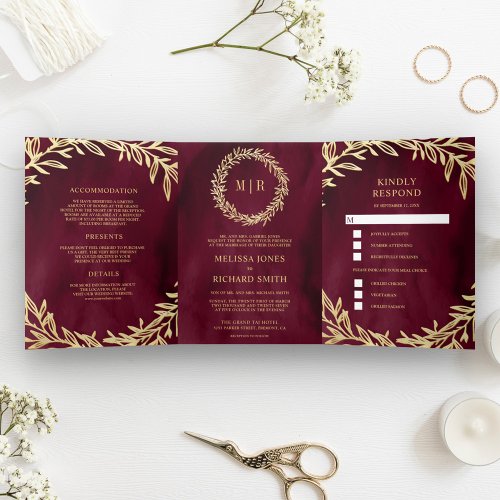 Burgundy Gold Leaf Branch All in One Wedding Tri_Fold Invitation