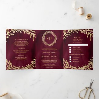Burgundy Gold All in One Wedding Tri-Fold Invitation with Leaf Branch