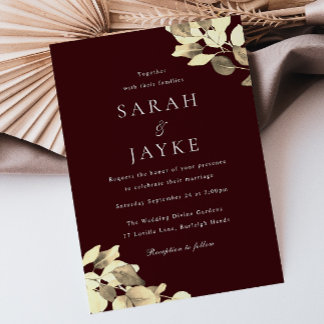 Burgundy & Gold Leaf Modern Wedding Invitation
