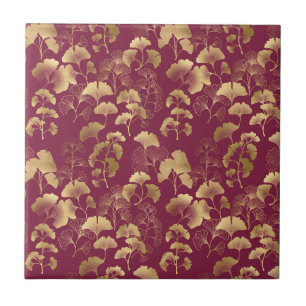 Burgundy Gold Leaf Pattern Ceramic Tile