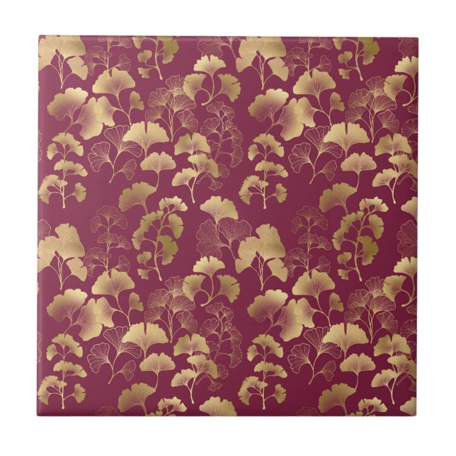 Burgundy Gold Leaf Pattern Ceramic Tile (Front)