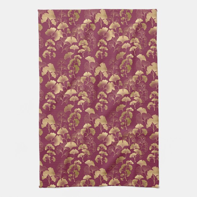Burgundy Gold Leaf Pattern Kitchen Towel (Vertical)