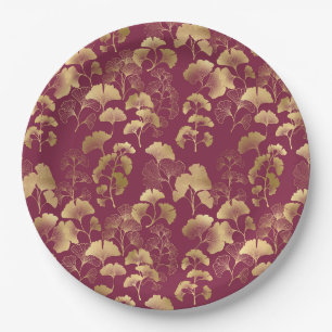Burgundy Gold Leaf Pattern Paper Plates