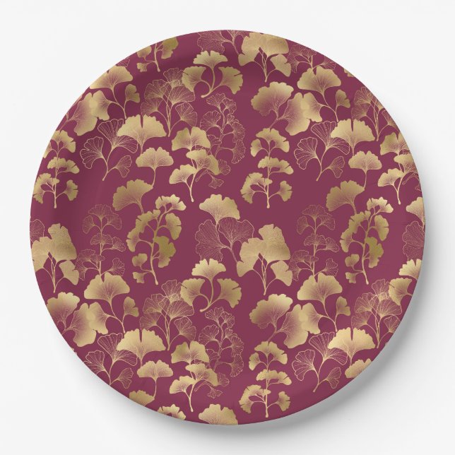 Burgundy Gold Leaf Pattern Paper Plates (Front)