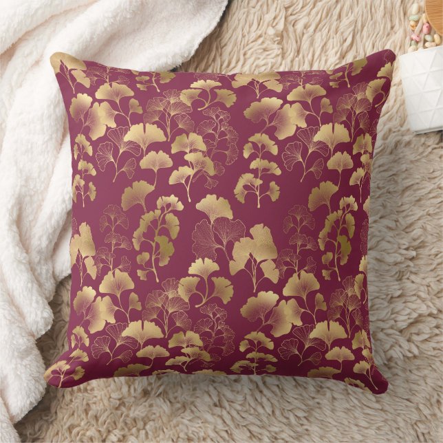 Burgundy Gold Leaf Pattern Throw Pillow (Blanket)