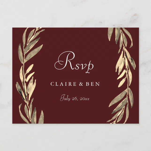 Burgundy Gold Leaf Wreath Wedding RSVP Postcard Zazzle