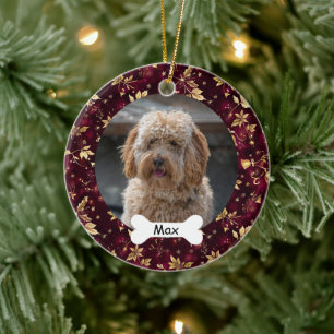 Burgundy Gold Leaves Custom Pet Puppy Dog Photo Ceramic Ornament