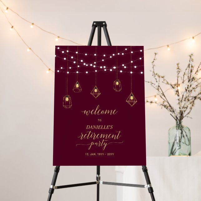 Burgundy & Gold | Lights Retirement Party Welcome Foam Board (In Situ (Stand))