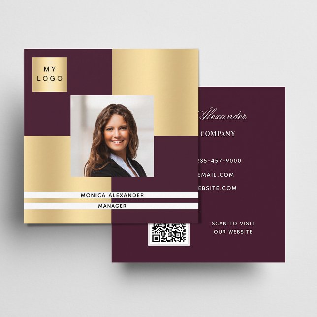 Burgundy gold logo photo QR code Square Business Card (Creator Uploaded)