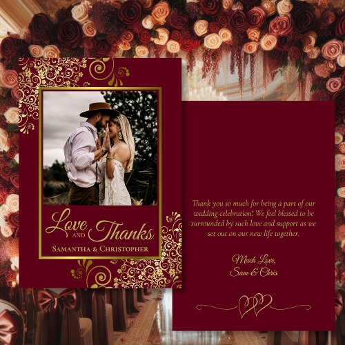 Burgundy  Gold Love  Thanks Photo  Note Wedding Thank You Card