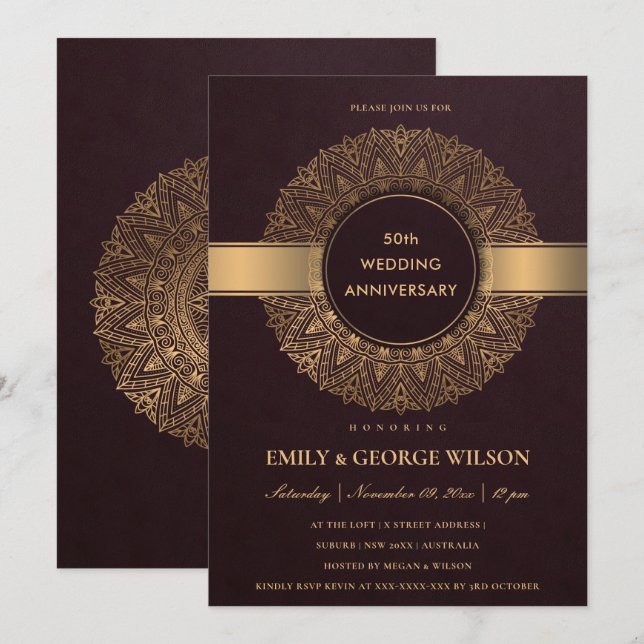BURGUNDY GOLD MANDALA ANY YEAR 50TH ANNIVERSARY INVITATION (Front/Back)