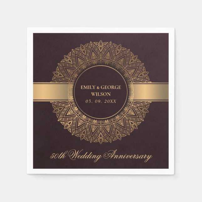 BURGUNDY GOLD MANDALA ANY YEAR 50TH ANNIVERSARY NAPKINS (Front)