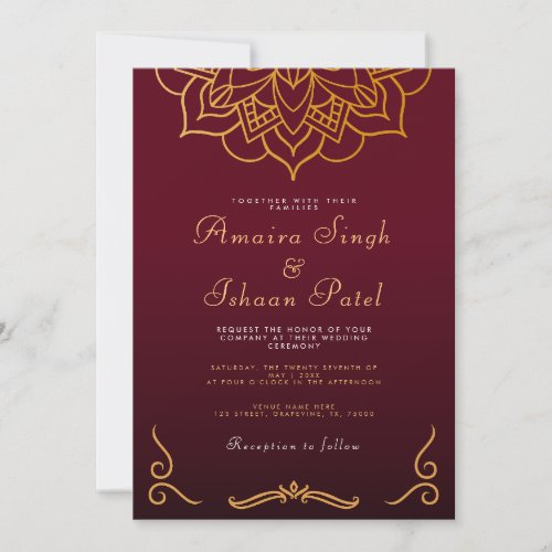 Burgundy Gold Mandala Ethnic Night Indian Wedding  Invitation