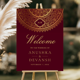 Burgundy Gold Mandala Indian Wedding Welcome Sign