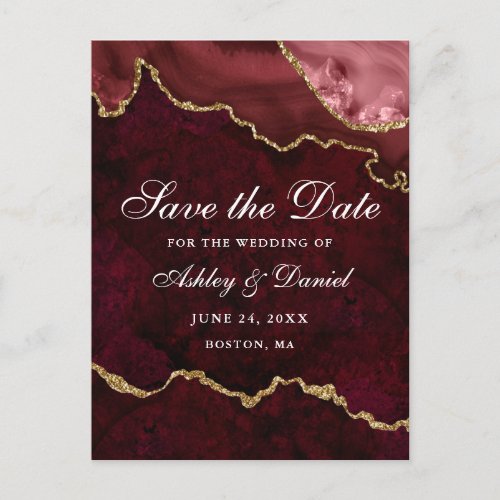 Burgundy Gold Marble Agate Geode Save The Date Announcement Postcard