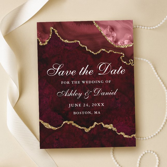 Burgundy Gold Marble Agate Geode Save The Date Announcement Postcard (Customize to change text size or text style.)