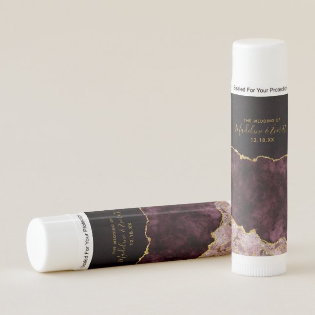 Burgundy Gold Marble Agate Wedding Guest Favor Lip Balm (Front)