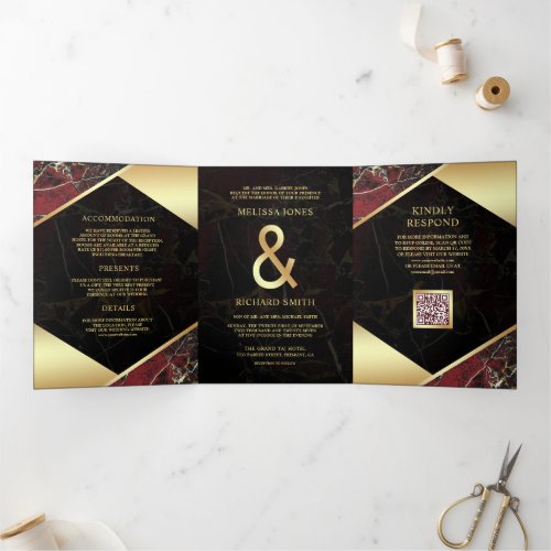 Burgundy Gold Marble Ampersand QR Code Wedding Tri-Fold Invitation